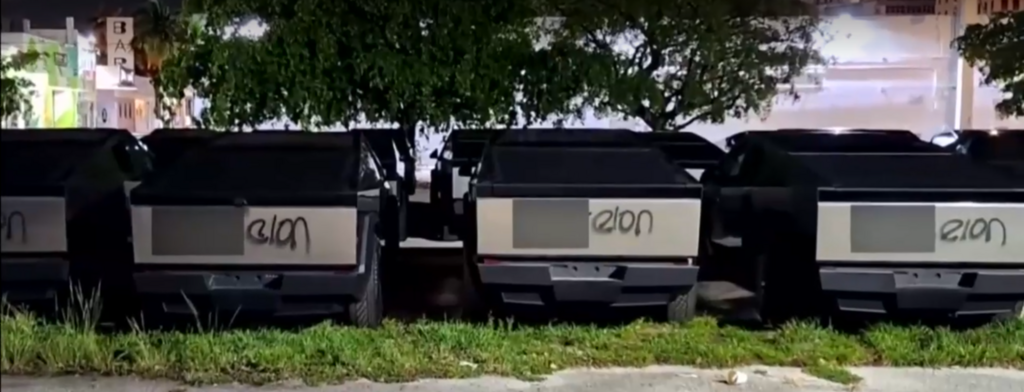 Dozens of Tesla Cybertrucks defaced with expletives in unguarded Fort Lauderdale lot (Photo: Screengrab) Dozens of Tesla Cybertrucks defaced with expletives in unguarded Fort Lauderdale lot