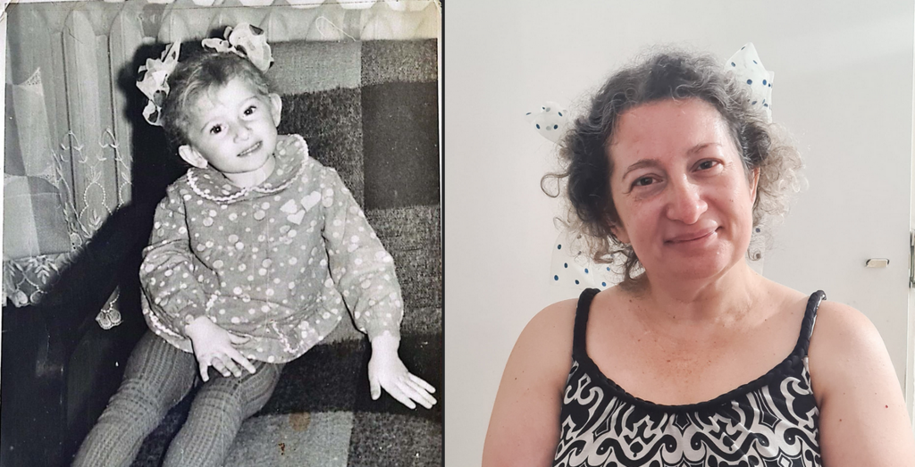 Элла Гольдштейн с бантиками - тогда и сейчас 