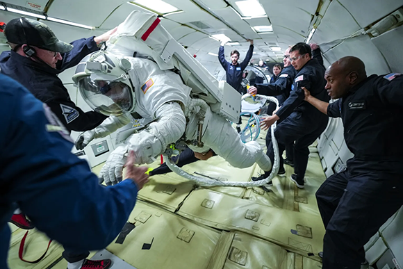 Progress appeared promising. Testing the Collins Aerospace suit in an aircraft that allows short microgravity simulations 