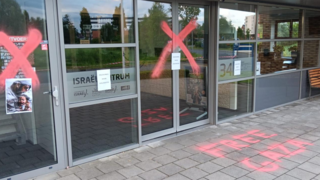 The words 'FREE GAZA' spray-painted in front of the Israel Centre in Nijkerk, The Netherlands 