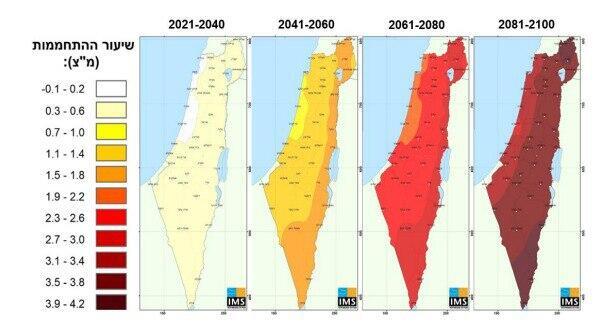 Temperature anomalies in Israel by 2100, measured in degrees Celsius  