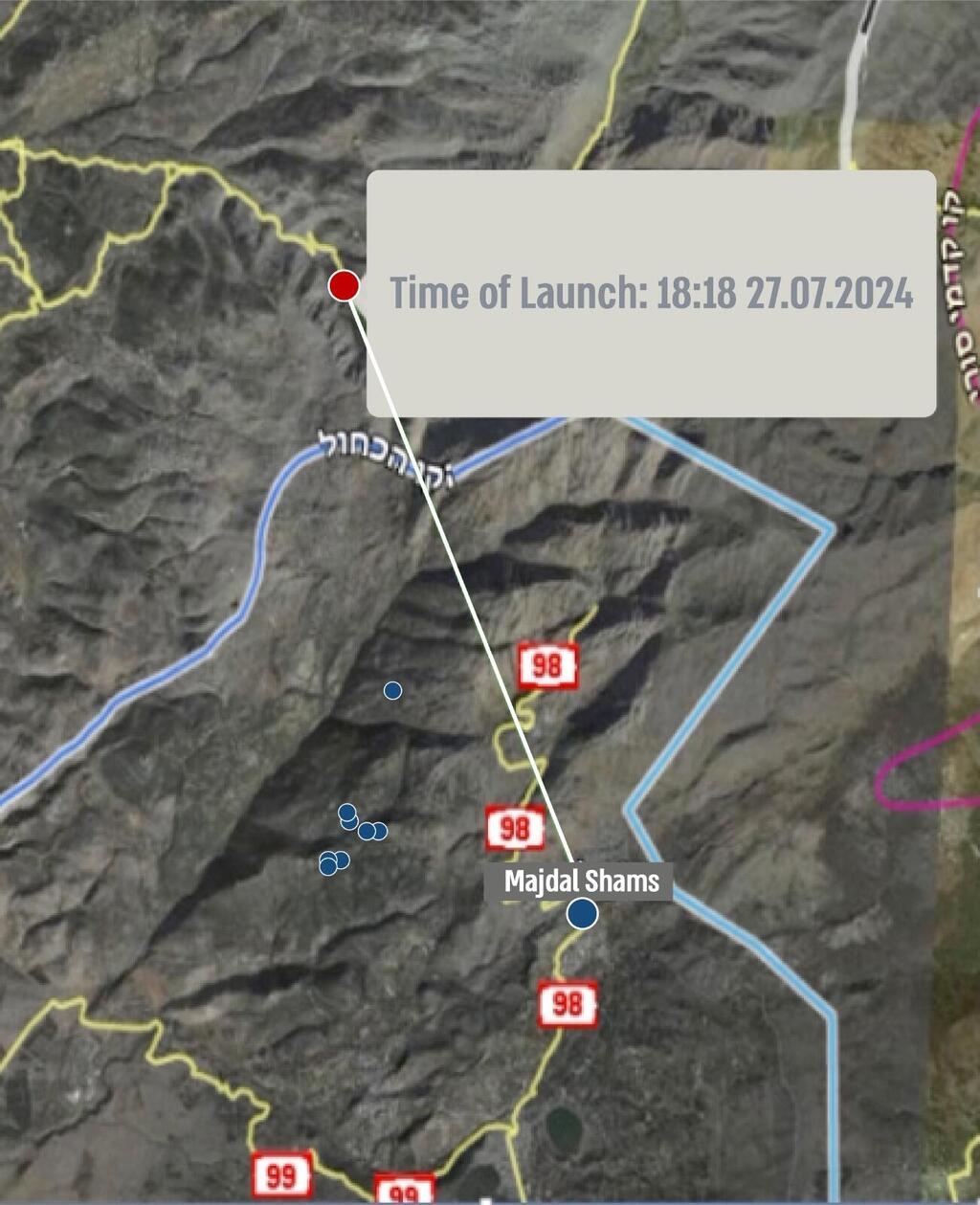 Route of Hezbollah rocket traced from north of southern Lebanon's Chebaa to Majdal Shams 