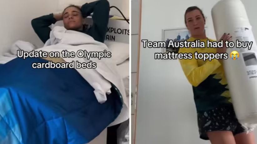 The image shows an athlete's reaction to sleeping on an ‘anti-sex’ cardboard bed at the 2024 Paris Olympics 