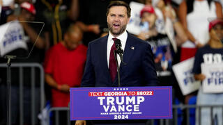 Republican vice presidential candidate Sen. JD Vance, R-Ohio, speaks at a campaign rally at Georgia State University in Atlanta, Saturday, Aug. 3, 2024. 