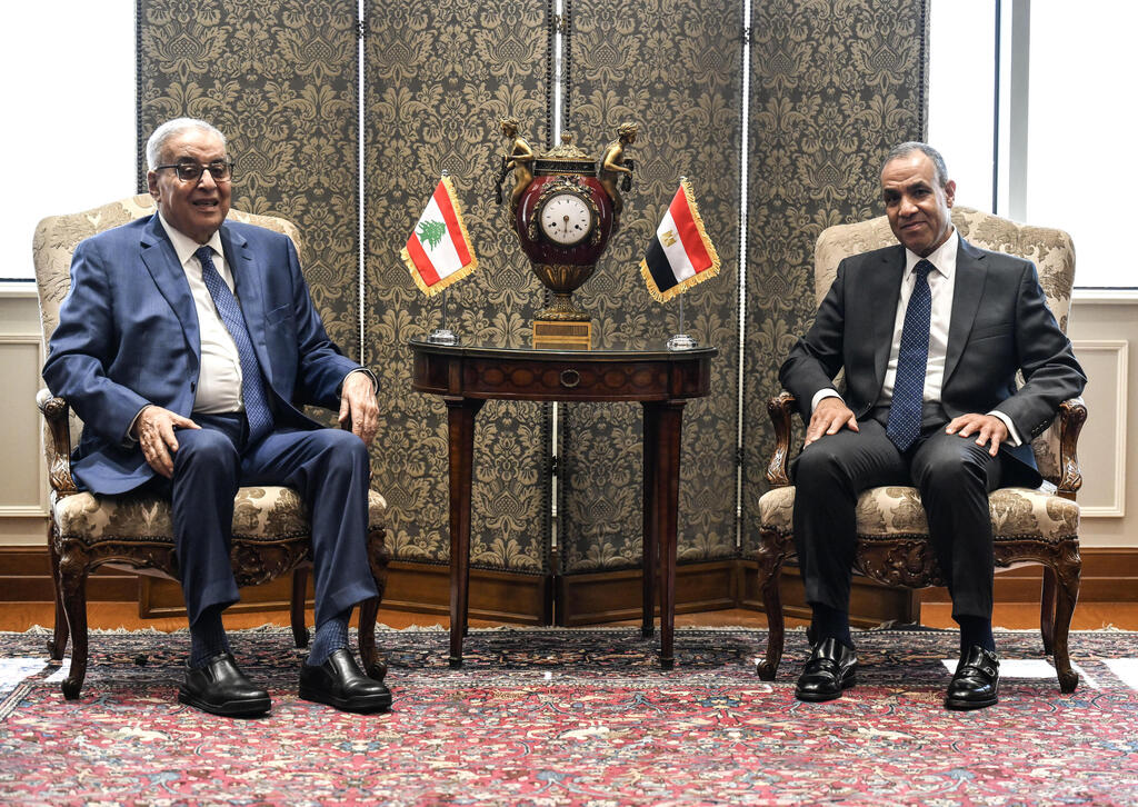 with Lebanese Foreign Minister Abdallah Bou Habib with Egyptian Foreign Minister Badr Abdelatty in Cairo on Tuesday  