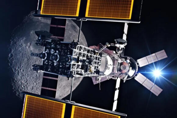  Unexpected challenges due to the size of the intended lander, which could drag the station itself to the lunar surface. Illustration of the Lunar Gateway space station in lunar orbit 