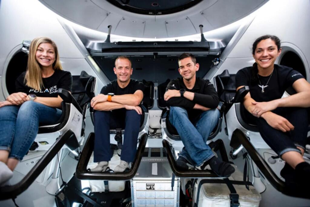 Private astronauts with training, credentials and plans comparable to those of a professional crew. Polaris Dawn mission crew aboard the Dragon spacecraft. From right: Gillis, Isaacman, Poteet, and Menon 