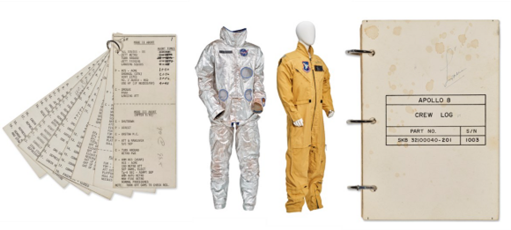 From left: Ed White’s mission checklist, his Gemini 4 mission spacesuit, Buzz Aldrin's training suit, and the Apollo 8 mission logbook 