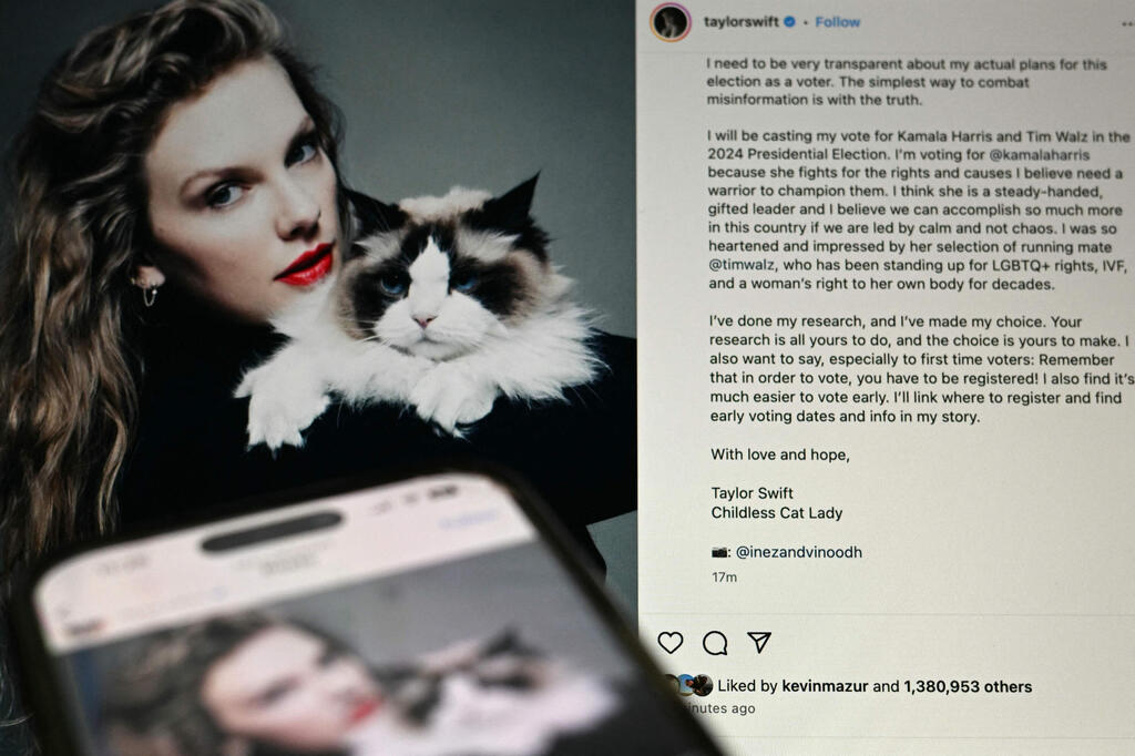 Taylor Swift endorses Harris for president holding a cat 