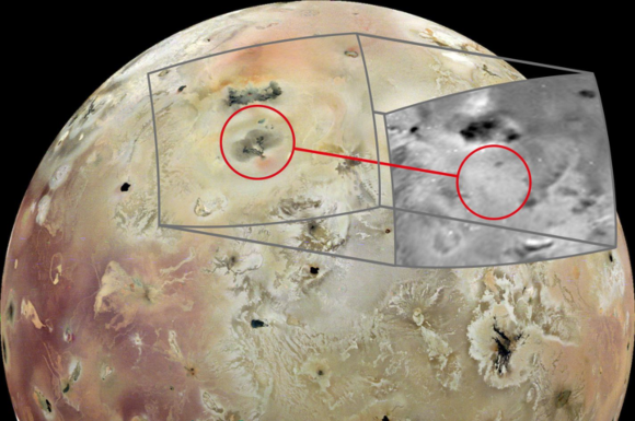 A new volcano on Io. Image from the Juno spacecraft of the area of the new volcano, compared to an image of the same area from 1997 