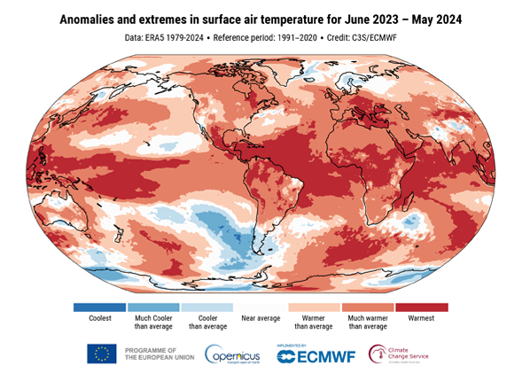 משבר האקלים לא קפא על שמריו. מפה שמראה את הטמפרטורות העולמיות מיוני 2023 עד מאי 2024, בהשוואה לממוצע של 1991-2020. הצבע האדום מראה שרוב העולם הפך לחם הרבה יותר