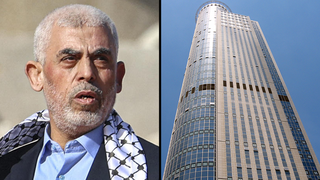 Hamas leader Yahya Sinwar and Moshe Aviv Tower in Ramat Gan 