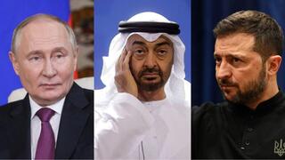 Russian President Vladimir Putin, UAE President Sheikh Mohammed bin Zayed Al Nahyan and Ukrainian President Volodymyr Zelensky 