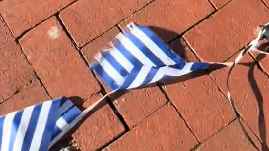 פעילה פרו פלסטינית משחיתה את דגל יוון 