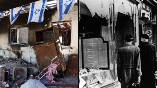 מימין: חלונות ראווה שנופצו בברלין בליל הבדולח, משמאל: הרס בניר עוז לאחר הטבח ב-2023