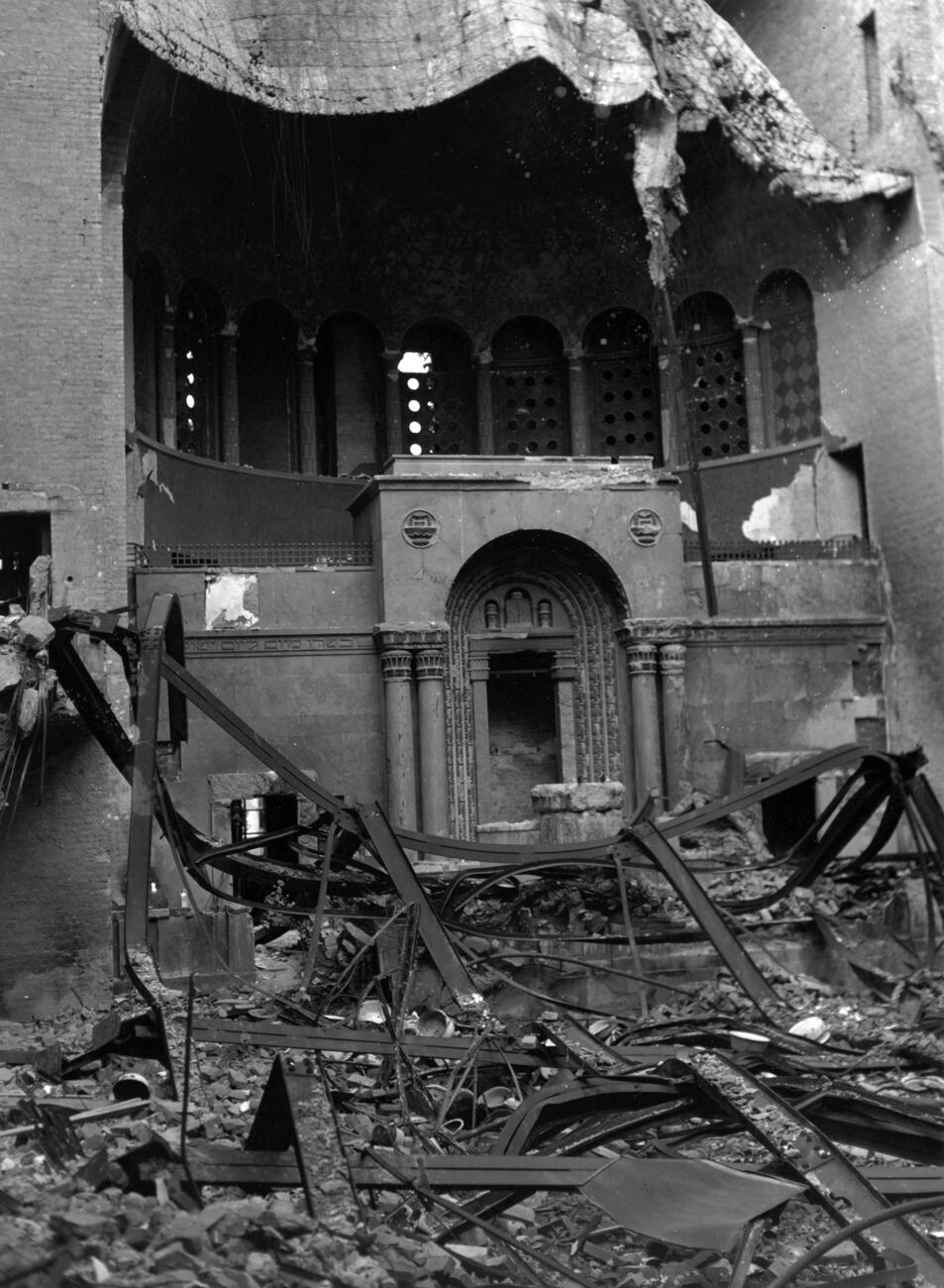 A synagogue burned during Kristallnacht