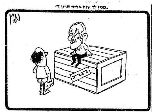 Israeli export: "How do you know that this is Arik Sharon?"; The Likud sitting on a Nigerian crate (Yedioth Ahronoth archive) (מתוך ארכיון "ידיעות אחרונות") Israeli export: "How do you know that this is Arik Sharon?"; The Likud sitting on a Nigerian crate (Yedioth Ahronoth archive)