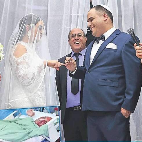 Daniel and Dana at wedding ceremony. Smaller photo shows Daniel during his hospitalization (Photos: Elad Gershgoren, Yariv Katz)