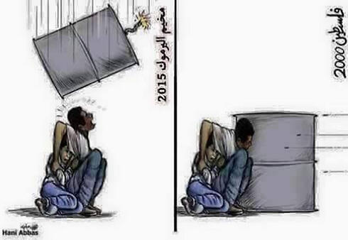 Cartoon based on the controversial image of Mohammed al-Dura, a Palestinian boy killed in the second intifada, but facing Assad's barrel bombs not IDF bullets. 