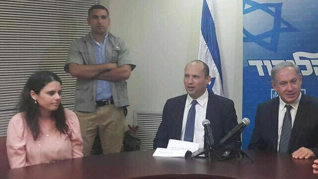 Ayelet Shaked, left, with Naftali Bennett and Benjamin Netanyahu on Wednesday night. nullnull Ayelet Shaked, left, with Naftali Bennett and Benjamin Netanyahu on Wednesday night.