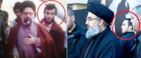 Jihad appears near Khamenei (right) and his father Imad in Nasrallah's entourage during his youth.