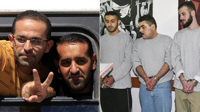 Samir Kuntar being released, middle of right picture; Palestinian prisoners being released during Gilad Shalit deal, left picture (Photo: AP)