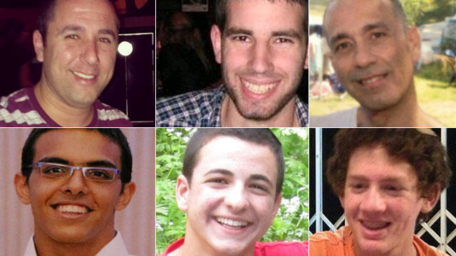 Top row from left to right: Danny Gonen, Malachi Rosenfeld and Baruch Mizrahi. Bottom row: Eyal Yifrach, Gilad Sha'er and Naftali Frenkel. All were killed in incidents involving those released in the Shalit deal with Hamas. 