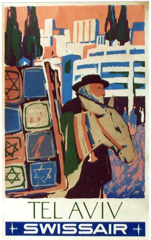 This early Swissair poster from 1951 shows a man dressed in haredi clothes with a donkey