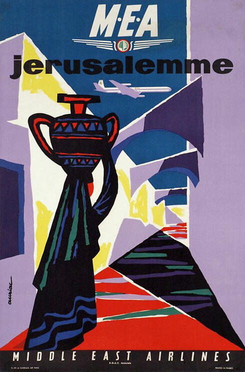 This unusual poster was created by artist Jacques Auriac for Middle East Airlines, Lebanon's national airline. 