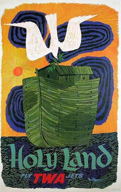 Trans World Airlines (TWA) was bought by American Airlines after the September 11 attacks in 2001. But long before that, the company used illustrations by artist David Klein to promote its flights to Israel. In this 1965 poster, an illustration of Noah's ark underscores the Holy Land's biblical past 