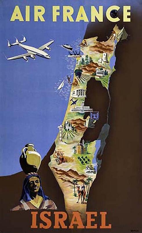 Air France was among the first airlines to fly to Israel when the airport in Lod was opened. This poster shows landscapes from around the country (excluding the Palestinian Territories, and before the Golan Heights was part of Israel.) Views include farmland in the Jezreel Valley, ships in Haifa, Habima Theater in Tel Aviv, and camels in the desert