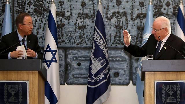 Ban and Rivlin address the press at the President's Residence in Jerusalem (Photo: AFP)
