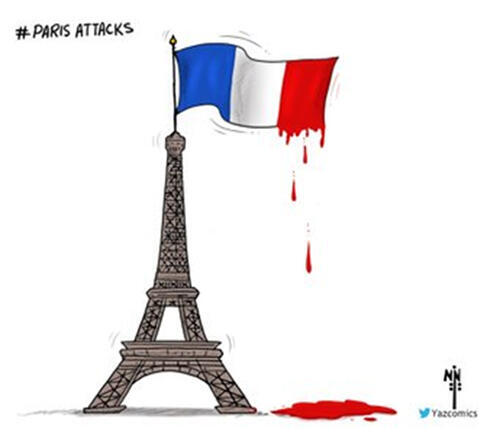 A cartoon published in Saudi Arabia, showing the French flag flying from the Eiffel Tower with the red part of the Tricolore dripping blood.