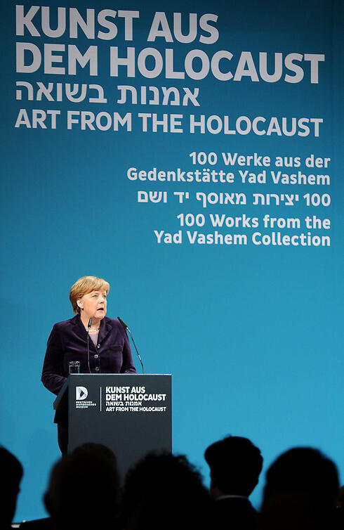 Angela Merkel speaks at art display of 100 Holocaust-Era artworks from Yad Vashem in Berlin
