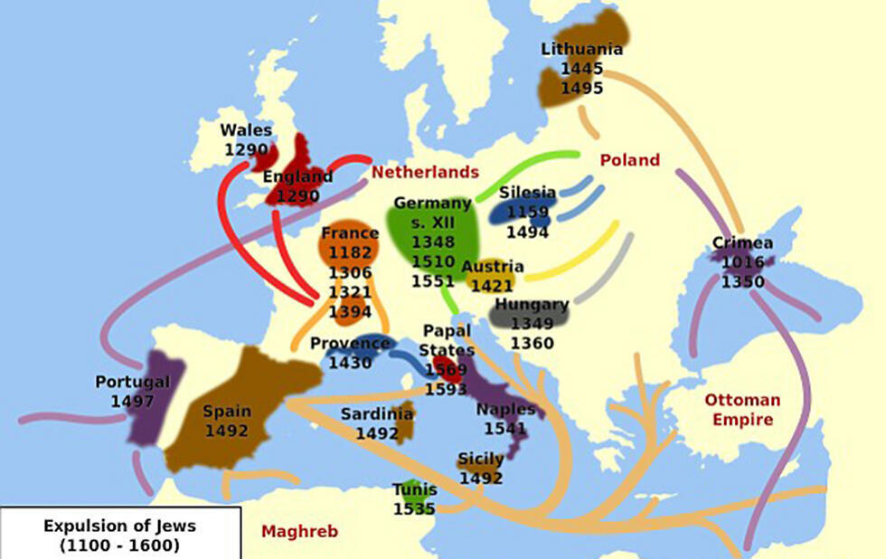 Jews' migrations due to expulsions from the 12th to 17th centuries. nullnull Jews' migrations due to expulsions from the 12th to 17th centuries.