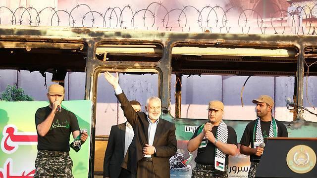 Ismail Haniyeh on the podium (Photo: Reuters)