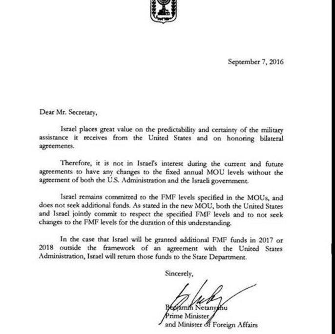 Netanyahu's letter to Kerry pledging not to receive additional funding from Congress.nullnull Netanyahu's letter to Kerry pledging not to receive additional funding from Congress.