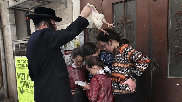 Performing the atonement ritual of 'Kapparot' in Jerusalem (Photo: AFP) (צילום: AFP) Performing the atonement ritual of 'Kapparot' in Jerusalem (Photo: AFP)