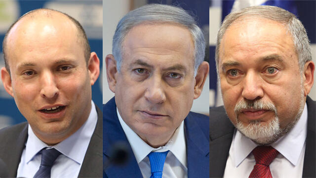 Education Minister Bennett; Prime Minister Netanyahu; resigning Defense Minister Lieberman