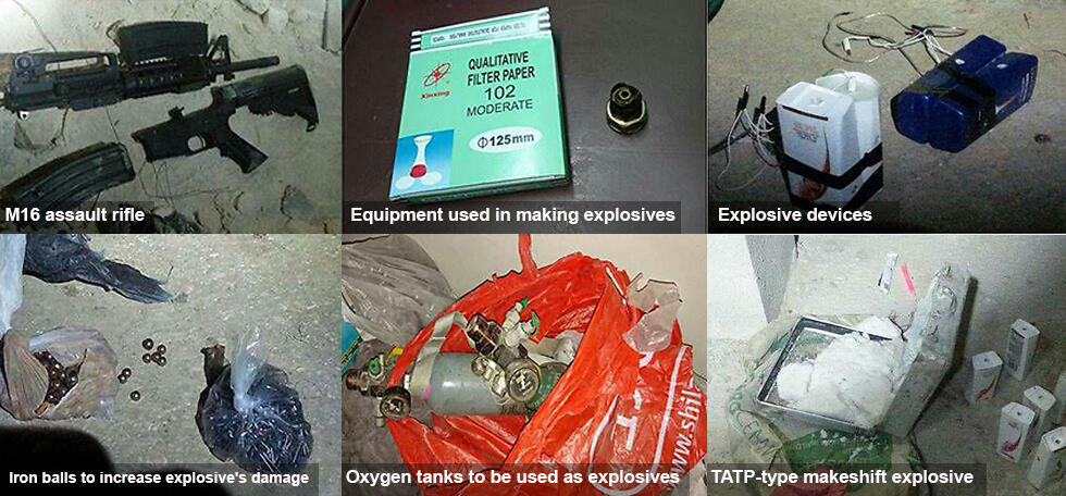 Explosives, arms and other materials the cell planned to use (Photo: Shin Bet)
