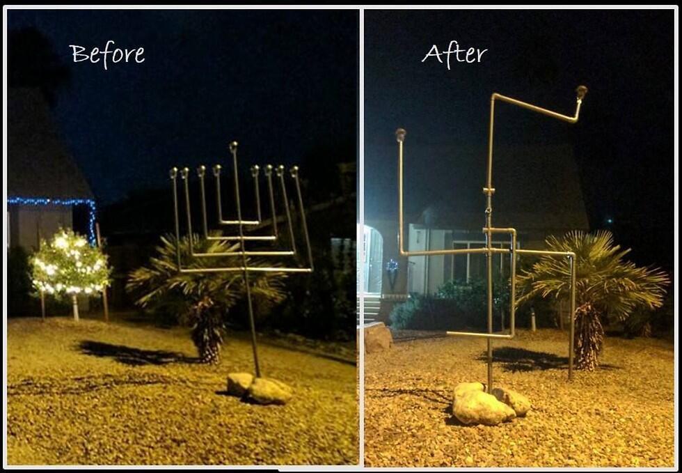 The Hanukkah menorah contorted into a swastika