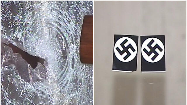 Stickers and shattered glass at Chicago Loop Synagogue (Photo: Network Video Productions)