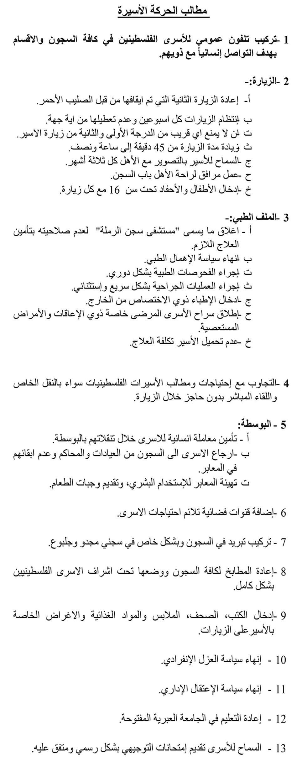 Copy of note submitted to IPS officials by Palestinian prisoners