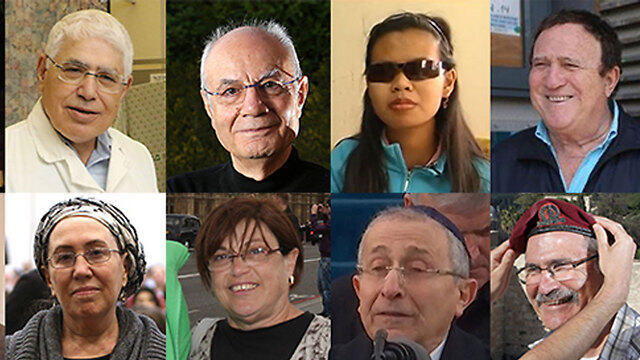 From top to bottom, left to right: Prof. Ahmed Eid, Eli Amir, Dina Samte, Yehoram Gaon, Hana Henkin, Miri Erenthal, Rabbi Marvin Hier and Yaakov Hetz