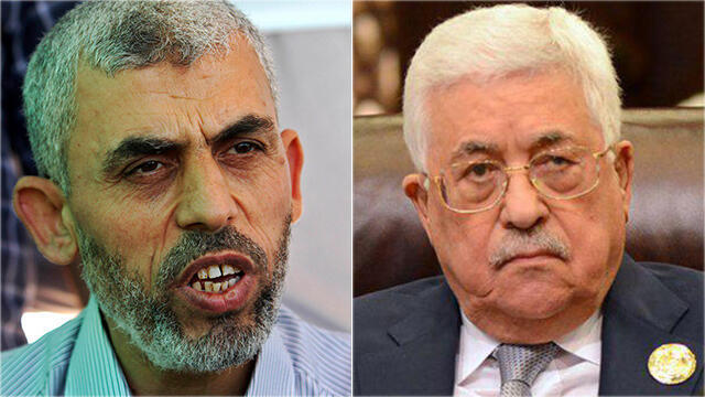 Mahmoud Abbas (R) abd Yahya Sanwar (Photo: AFP) (צילום: AFP) Mahmoud Abbas (R) abd Yahya Sanwar (Photo: AFP)