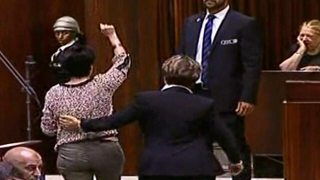 Zoabi being removed from the plenum (Photo: Knesset Channel)