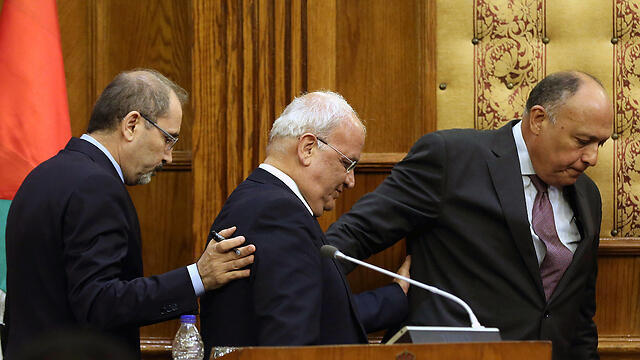L to R: Safadi, Erekat and Shoukry (Photo: AFP) (צילום: AFP) L to R: Safadi, Erekat and Shoukry (Photo: AFP)