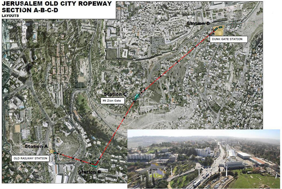 The map and an illustration of the cable cars (Photo: Courtesy of the Jerusalem Development Authority) (צילום: הרשות לפיתוח ירושלים) The map and an illustration of the cable cars (Photo: Courtesy of the Jerusalem Development Authority)