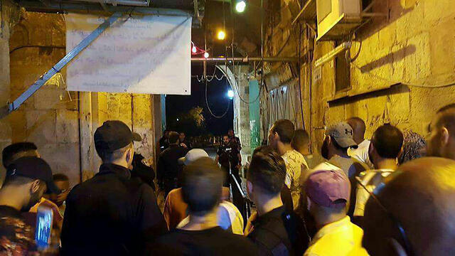 Muslim worshippers at the entrance to the Temple Mount