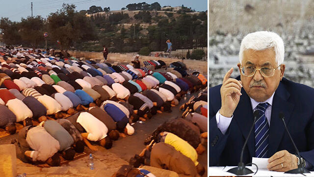 Mahmoud Abbas and Muslims praying at the al-Aqsa mosque